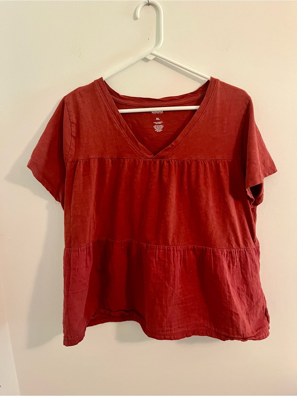 Sonoma Rustic Red V‑Neck Short Sleeve Tiered Top